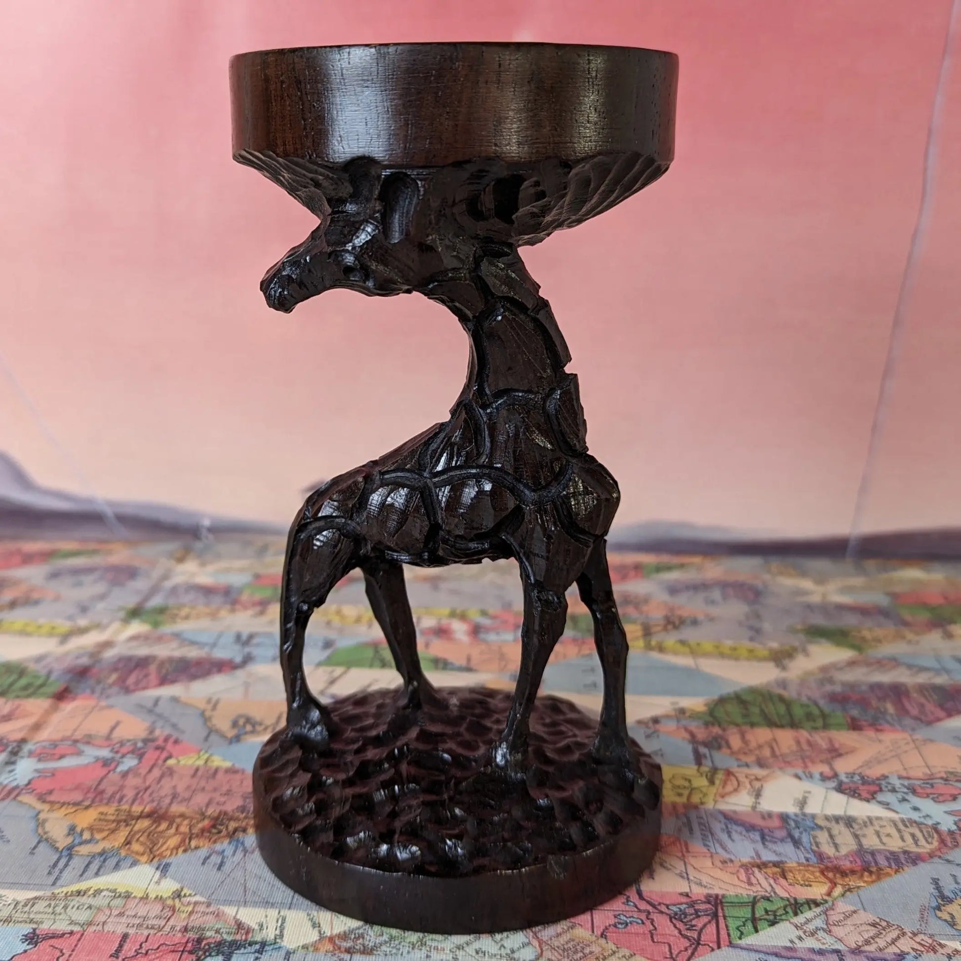 African Wooden Giraffe with Mini Bowl Hand Carved Sole Full Of Soul