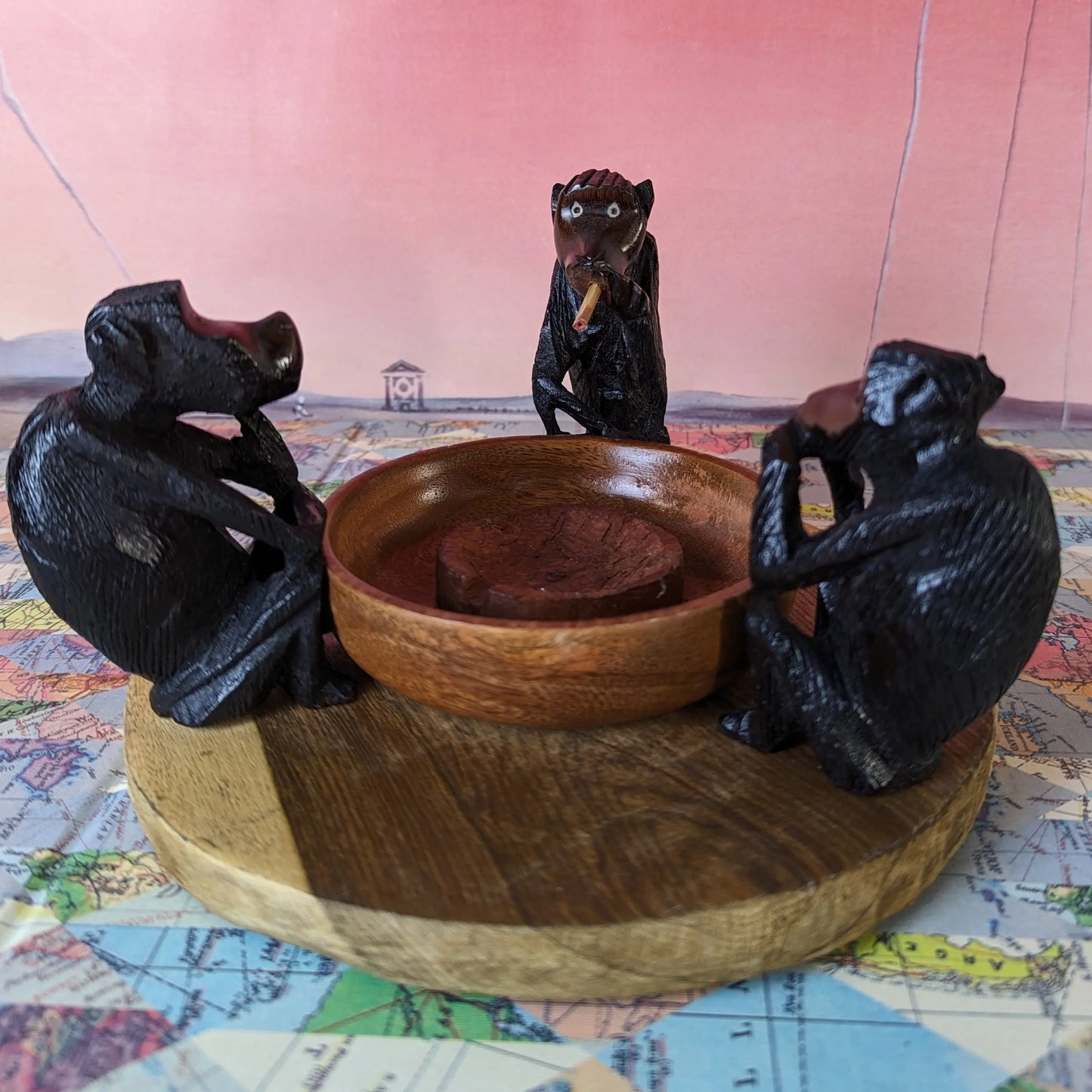 African Wooden Three Wise Monkeys Ashtray Sole Full Of Soul