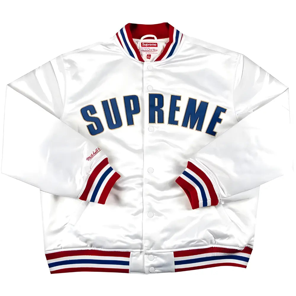 Supreme Mitchell & Ness Satin Varsity Jacket White 1