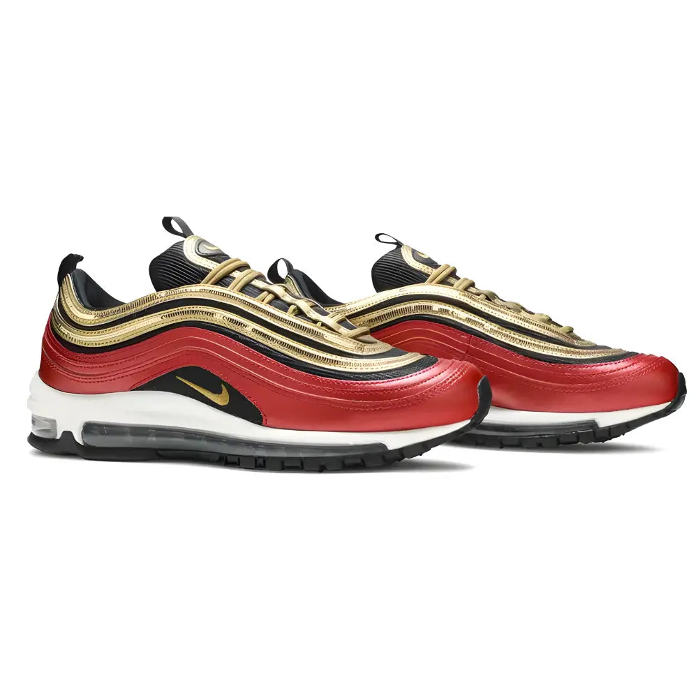 Nike Air Max 97 Red Gold Sequin Sneakers - Angled Side Image